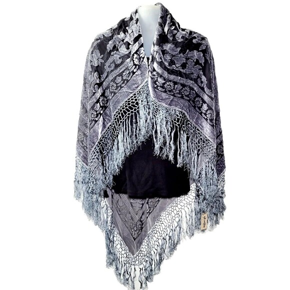 Maya Matazaro Kimono Shawl Wrap Silk Burnout Velvet Blk Grey Fringe USA NWT - Picture 1 of 9